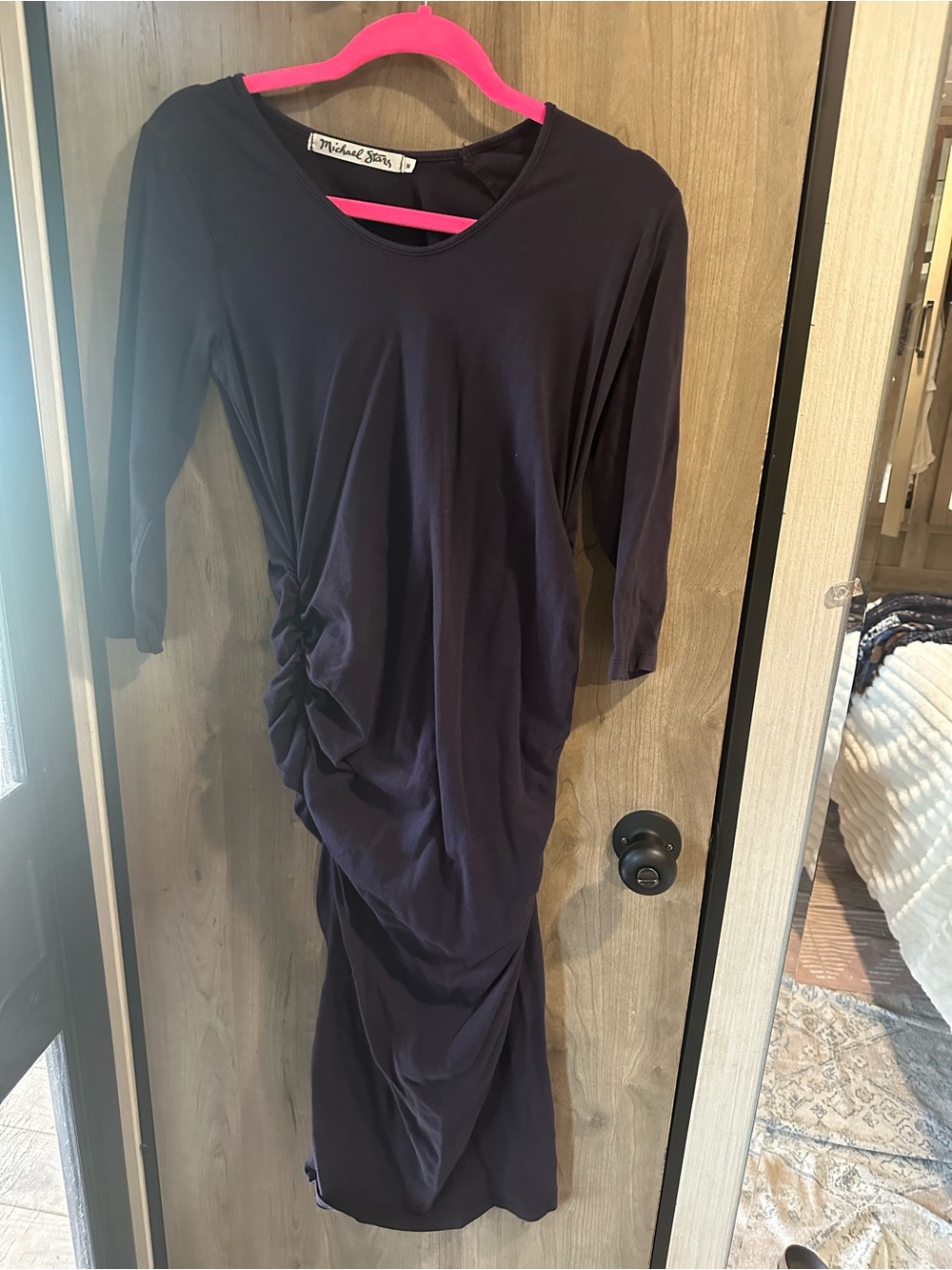 Michael Stars Indigo Purple Ruched Midi Dress Size M 3/4 Sleeve